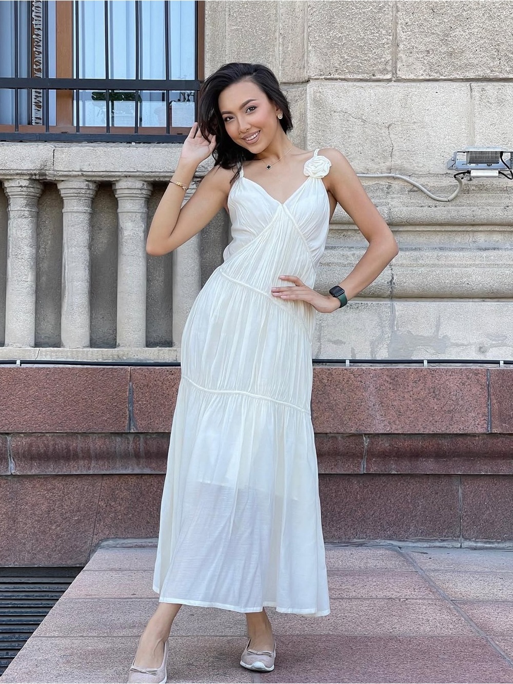 Romantic Cream Maxi Dress with Rosette Strap